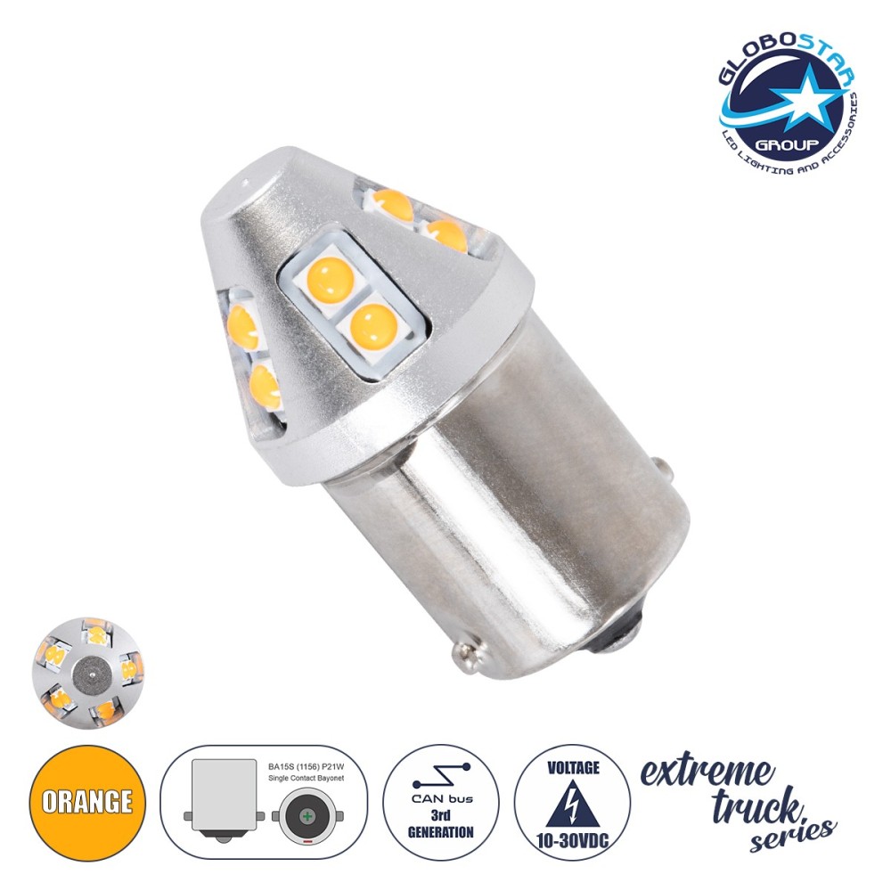 GloboStar® 1156 - BA15S - P21W 81459 Λάμπα Αυτοκινήτου & Φορτηγού  3rd Generation Can-Bus Extreme Truck Series LED 12 SMD 3030 6W 720lm 360° DC 10-30V IP20 Πορτοκαλί